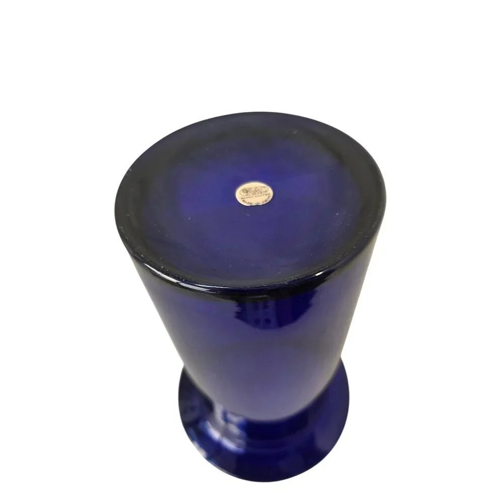 AAC Cobalt Blue Glass Vase 90s Handcraft Poland 12